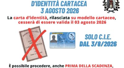 CESSAZIONE VALIDITA’ CARTA DI IDENTITA’ CARTACEA  – 03 AGOSTO 2026